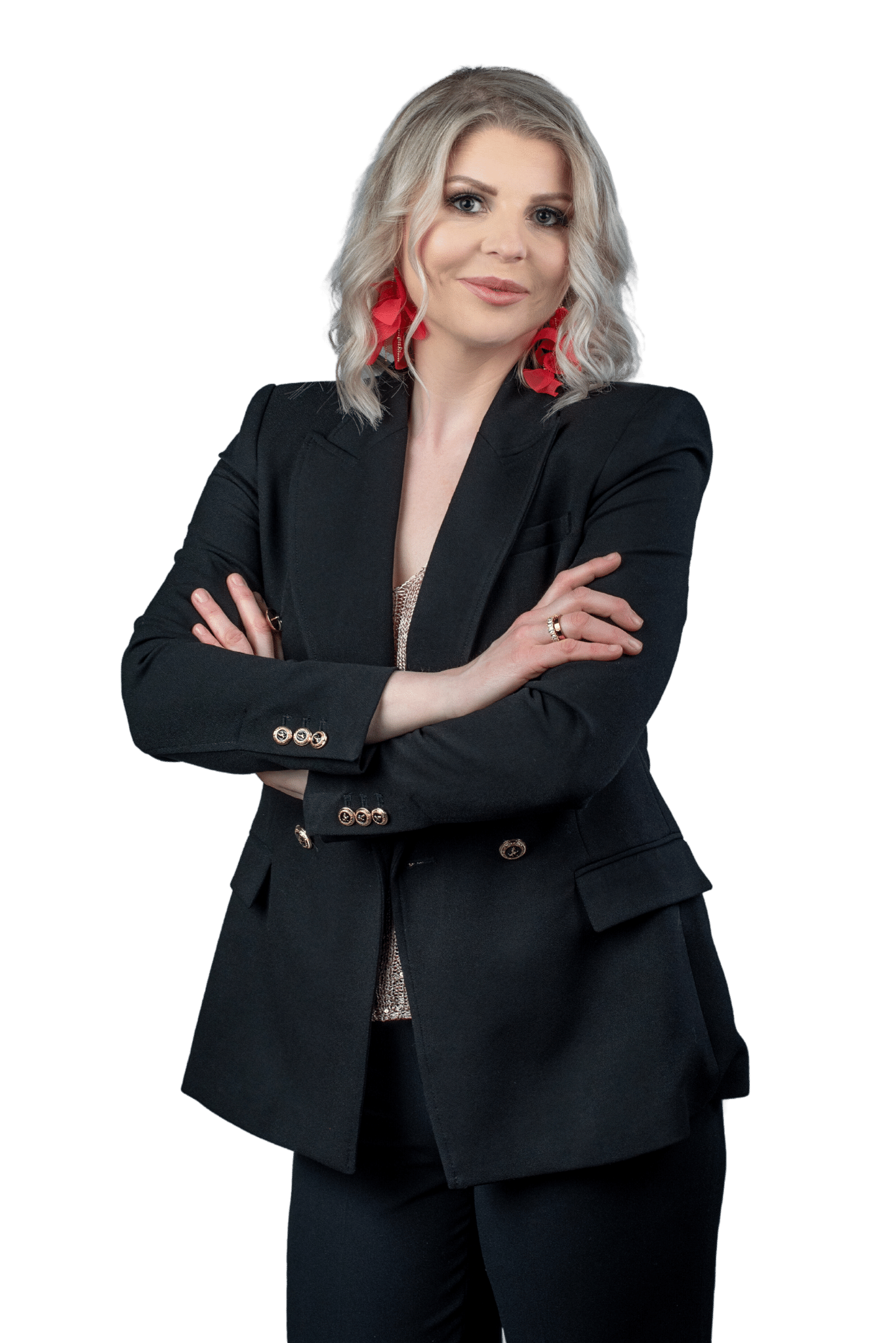 zdjęcie przedstawia kobietę - psycholog Justynę Terebę ubraną w czarny elegancki garnitur